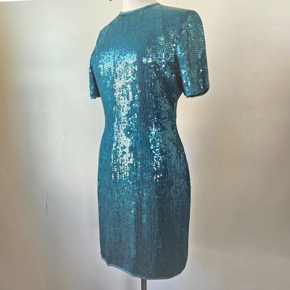 Vintage Scala Italy 80s 90s Blue Turquoise Sequin Silk Cocktail Dress Small S